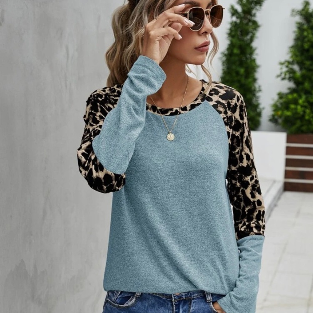 Baby Blue Cotton Blend Leopard Print Long Sleeved Top
